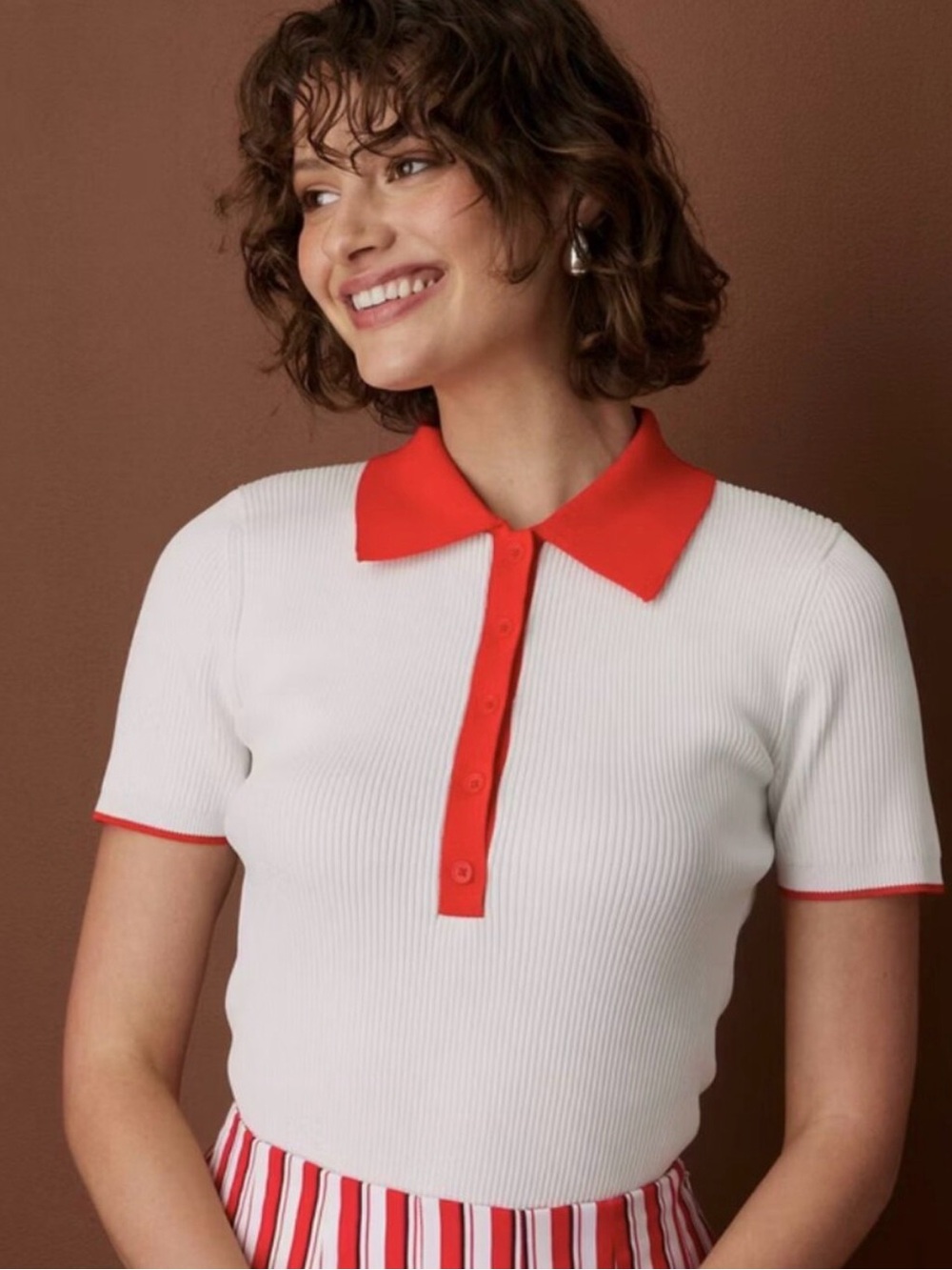 Rosie Assoulin x Target White Rib Knit Polo Top with Red Collar and Trim